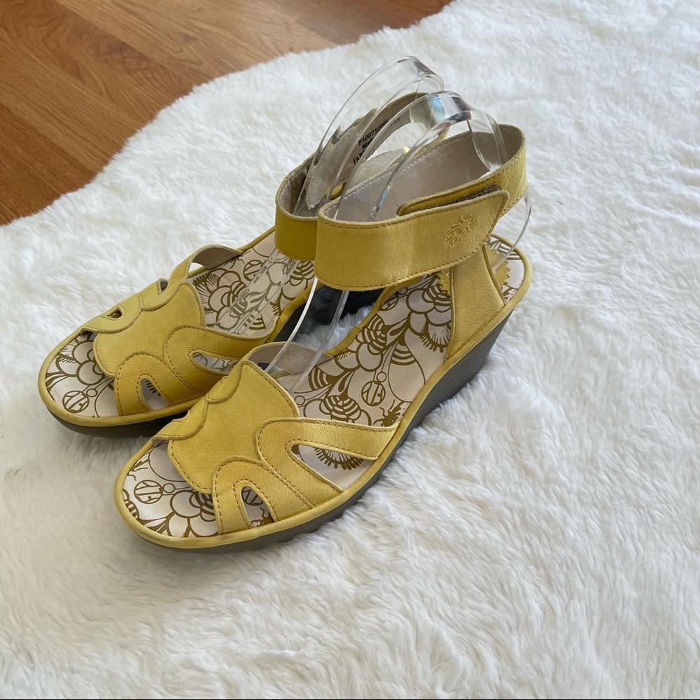 Fly London Light Yellow Leather Wedge Sandals - Picture 2 of 11